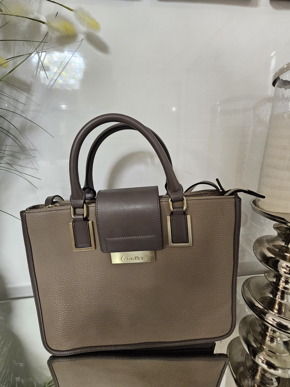 Calvin Klein taupe and dark brown leather satchel